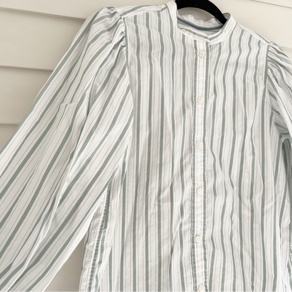 J. CREW Classic-fit collarless puff-sleeve shirt in green stripe, Size 4 - Picture 3 of 7